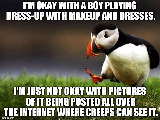Unpopular Opinion Puffin |  I'M OKAY WITH A BOY PLAYING DRESS-UP WITH MAKEUP AND DRESSES. I'M JUST NOT OKAY WITH PICTURES OF IT BEING POSTED ALL OVER THE INTERNET WHERE CREEPS CAN SEE IT. | image tagged in memes,unpopular opinion puffin | made w/ Imgflip meme maker