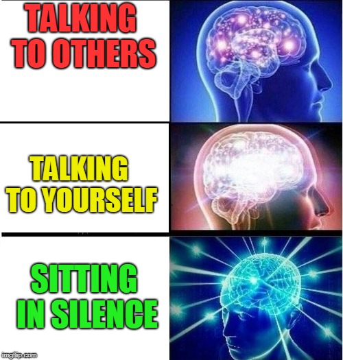 Expanding brain 3 panels | TALKING TO OTHERS TALKING TO YOURSELF SITTING IN SILENCE | image tagged in expanding brain 3 panels | made w/ Imgflip meme maker