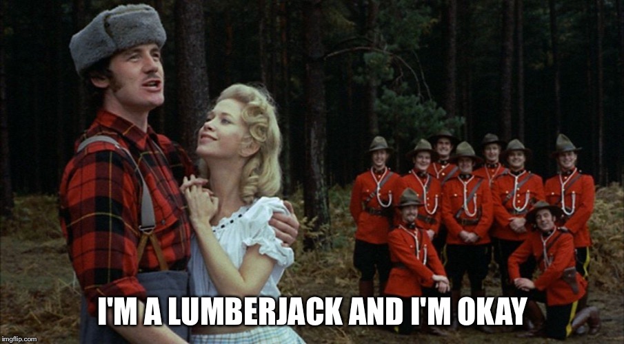monty python lumberjack | I'M A LUMBERJACK AND I'M OKAY | image tagged in monty python lumberjack | made w/ Imgflip meme maker