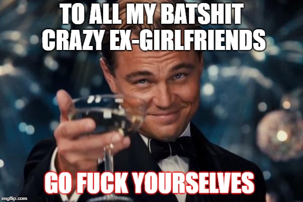 Leonardo Dicaprio Cheers Meme | TO ALL MY BATSHIT CRAZY EX-GIRLFRIENDS; GO FUCK YOURSELVES | image tagged in memes,leonardo dicaprio cheers | made w/ Imgflip meme maker