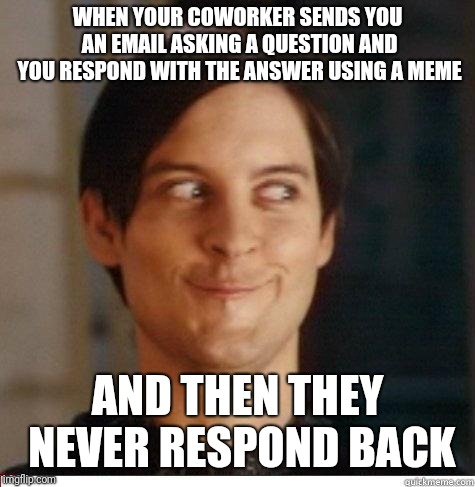 Using Memes in the workplace | WHEN YOUR COWORKER SENDS YOU AN EMAIL ASKING A QUESTION AND YOU RESPOND WITH THE ANSWER USING A MEME; AND THEN THEY NEVER RESPOND BACK | image tagged in toby maguire,memes,funny,work,job,coworkers | made w/ Imgflip meme maker