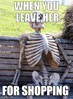 Waiting Skeleton Meme | WHEN YOU LEAVE HER; FOR SHOPPING | image tagged in memes,waiting skeleton | made w/ Imgflip meme maker