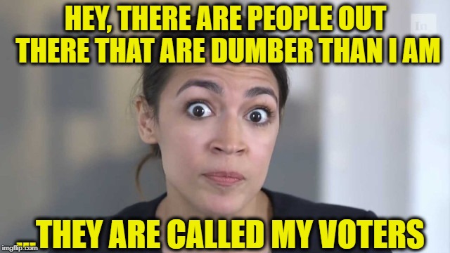 Crazy Alexandria Ocasio-Cortez | HEY, THERE ARE PEOPLE OUT THERE THAT ARE DUMBER THAN I AM; ...THEY ARE CALLED MY VOTERS | image tagged in crazy alexandria ocasio-cortez,alexandria ocasio-cortez,libtards,libtard,democratic party,socialism | made w/ Imgflip meme maker