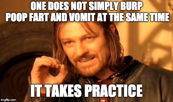 One Does Not Simply Meme | ONE DOES NOT SIMPLY BURP POOP FART AND VOMIT AT THE SAME TIME; IT TAKES PRACTICE | image tagged in memes,one does not simply | made w/ Imgflip meme maker