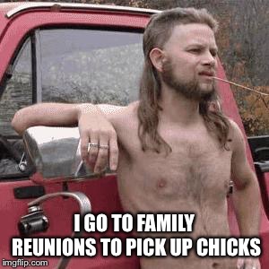 almost redneck | I GO TO FAMILY REUNIONS TO PICK UP CHICKS | image tagged in almost redneck | made w/ Imgflip meme maker