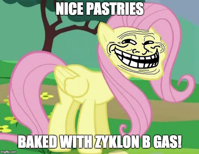 Fluttertroll | NICE PASTRIES BAKED WITH ZYKLON B GAS! | image tagged in fluttertroll | made w/ Imgflip meme maker