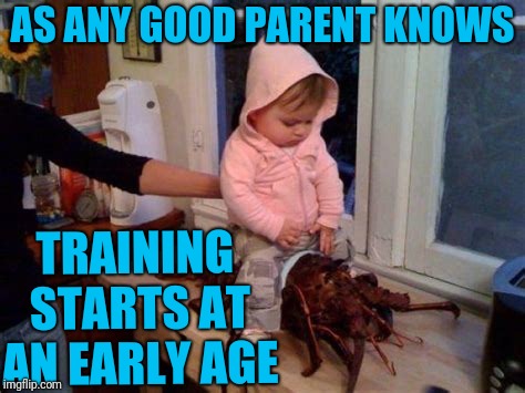 Crustacean Jockey  | AS ANY GOOD PARENT KNOWS; TRAINING STARTS AT AN EARLY AGE | image tagged in lobster riding | made w/ Imgflip meme maker