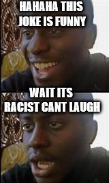 dissapointed black man | HAHAHA THIS JOKE IS FUNNY WAIT ITS RACIST CANT LAUGH | image tagged in dissapointed black man | made w/ Imgflip meme maker