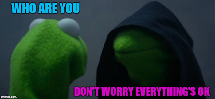 Evil Kermit | WHO ARE YOU; DON'T WORRY EVERYTHING'S OK | image tagged in memes,evil kermit | made w/ Imgflip meme maker