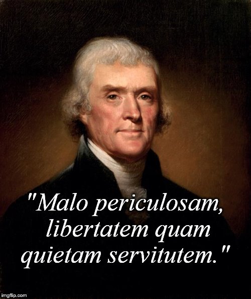 "I prefer dangerous freedom over peaceful slavery" is a translation of the Latin phrase by Thomas Jefferson written to Madison. | "Malo periculosam, libertatem quam quietam servitutem." | image tagged in thomas jefferson,1787,or i prefer the tumult of liberty to the quiet of servitude,talk is cheap,freedom isn't free,douglie | made w/ Imgflip meme maker