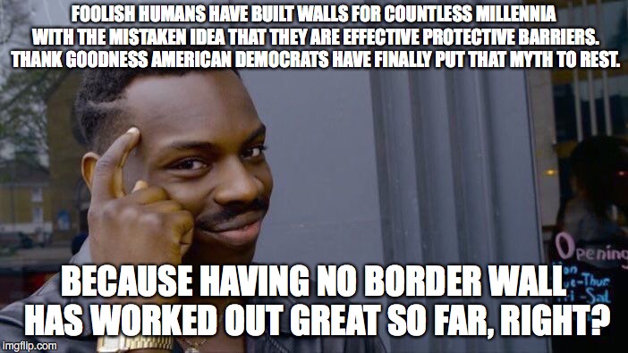 Roll Safe Think About It Meme | FOOLISH HUMANS HAVE BUILT WALLS FOR COUNTLESS MILLENNIA WITH THE MISTAKEN IDEA THAT THEY ARE EFFECTIVE PROTECTIVE BARRIERS. THANK GOODNESS AMERICAN DEMOCRATS HAVE FINALLY PUT THAT MYTH TO REST. BECAUSE HAVING NO BORDER WALL HAS WORKED OUT GREAT SO FAR, RIGHT? | image tagged in memes,roll safe think about it | made w/ Imgflip meme maker