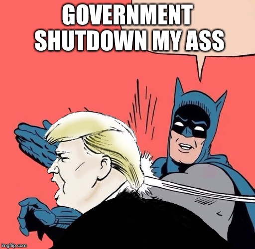 Batman slaps Trump | GOVERNMENT SHUTDOWN MY ASS | image tagged in batman slaps trump | made w/ Imgflip meme maker