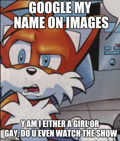 Tails WTF | GOOGLE MY NAME ON IMAGES; Y AM I EITHER A GIRL OR GAY, DO U EVEN WATCH THE SHOW | image tagged in tails wtf | made w/ Imgflip meme maker