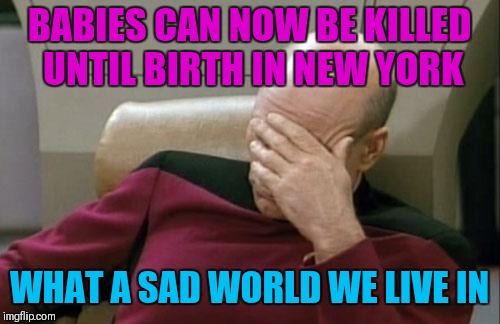 I cannot believe how stupid people in this world have become | BABIES CAN NOW BE KILLED UNTIL BIRTH IN NEW YORK; WHAT A SAD WORLD WE LIVE IN | image tagged in memes,captain picard facepalm,abortion,new york,bullshit,sad | made w/ Imgflip meme maker