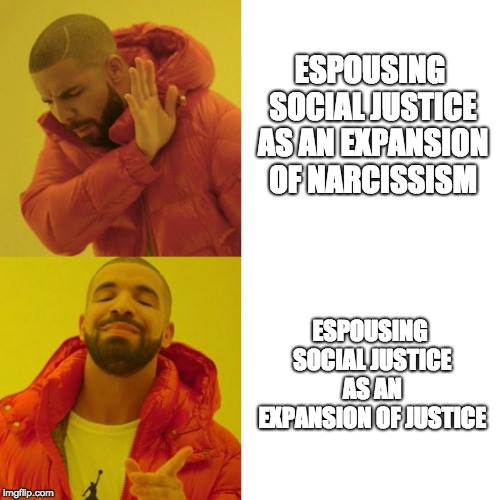 Drake Blank | ESPOUSING SOCIAL JUSTICE AS AN EXPANSION OF NARCISSISM; ESPOUSING SOCIAL JUSTICE AS AN EXPANSION OF JUSTICE | image tagged in drake blank | made w/ Imgflip meme maker