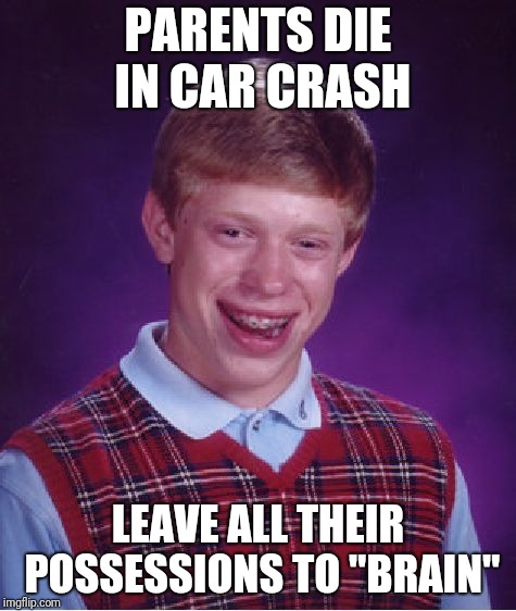 Bad Luck Brian Meme | PARENTS DIE IN CAR CRASH; LEAVE ALL THEIR POSSESSIONS TO "BRAIN" | image tagged in memes,bad luck brian | made w/ Imgflip meme maker
