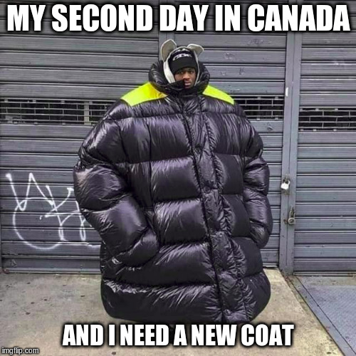 my visit to Canada | MY SECOND DAY IN CANADA; AND I NEED A NEW COAT | image tagged in meanwhile in canada,canada,cold weather,winter coat | made w/ Imgflip meme maker