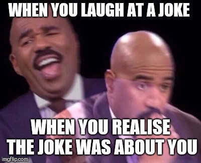 We should all be able to laugh at ourselves. | WHEN YOU LAUGH AT A JOKE; WHEN YOU REALISE THE JOKE WAS ABOUT YOU | image tagged in steve harvey laughing serious | made w/ Imgflip meme maker