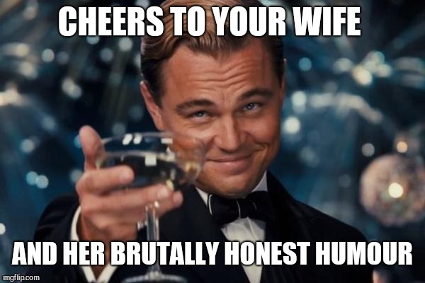 Leonardo Dicaprio Cheers Meme | CHEERS TO YOUR WIFE AND HER BRUTALLY HONEST HUMOUR | image tagged in memes,leonardo dicaprio cheers | made w/ Imgflip meme maker