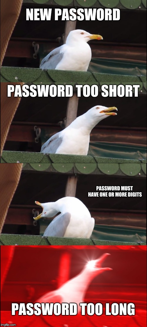 Inhaling Seagull | NEW PASSWORD; PASSWORD TOO SHORT; PASSWORD MUST HAVE ONE OR MORE DIGITS; PASSWORD TOO LONG | image tagged in memes,inhaling seagull | made w/ Imgflip meme maker