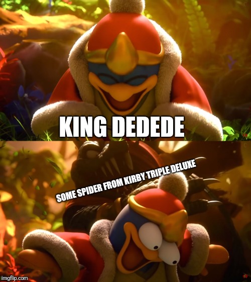 King Dedede slapped meme | KING DEDEDE; SOME SPIDER FROM KIRBY TRIPLE DELUXE | image tagged in king dedede slapped meme,king dedede,kirby,memes | made w/ Imgflip meme maker