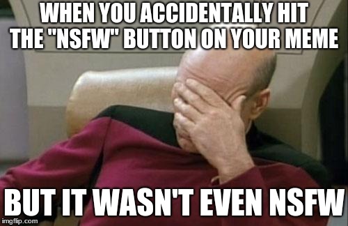 Captain Picard Facepalm | WHEN YOU ACCIDENTALLY HIT THE "NSFW" BUTTON ON YOUR MEME; BUT IT WASN'T EVEN NSFW | image tagged in memes,captain picard facepalm | made w/ Imgflip meme maker