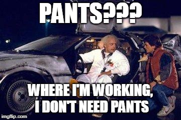 Doc No Pants | PANTS??? WHERE I'M WORKING, I DON'T NEED PANTS | image tagged in doc brown marty mcfly | made w/ Imgflip meme maker