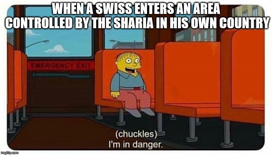 Ralph in danger | WHEN A SWISS ENTERS AN AREA CONTROLLED BY THE SHARIA IN HIS OWN COUNTRY | image tagged in ralph in danger | made w/ Imgflip meme maker