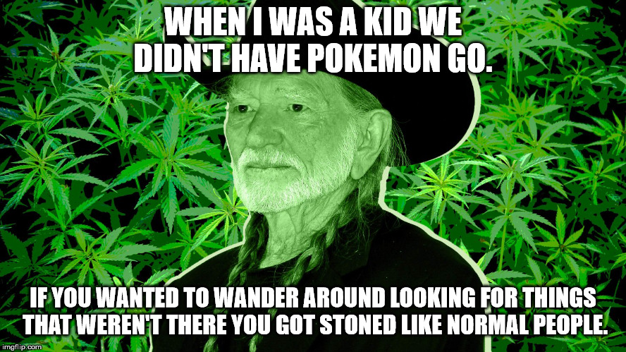 Willyweed | WHEN I WAS A KID WE DIDN'T HAVE POKEMON GO. IF YOU WANTED TO WANDER AROUND LOOKING FOR THINGS THAT WEREN'T THERE YOU GOT STONED LIKE NORMAL PEOPLE. | image tagged in willyweed | made w/ Imgflip meme maker