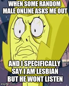 Yellow Diamond Face | WHEN SOME RANDOM MALE ONLINE ASKS ME OUT; AND I SPECIFICALLY SAY I AM LESBIAN BUT HE WONT LISTEN | image tagged in yellow diamond face | made w/ Imgflip meme maker