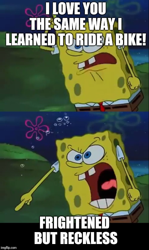 Spongebob shut up and let  me love you dual | I LOVE YOU THE SAME WAY I LEARNED TO RIDE A BIKE! FRIGHTENED BUT RECKLESS | image tagged in spongebob shut up and let me love you dual | made w/ Imgflip meme maker