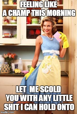 Happy House Wife | FEELING LIKE A CHAMP THIS MORNING; LET  ME SCOLD YOU WITH ANY LITTLE SHIT I CAN HOLD ONTO | image tagged in happy house wife | made w/ Imgflip meme maker