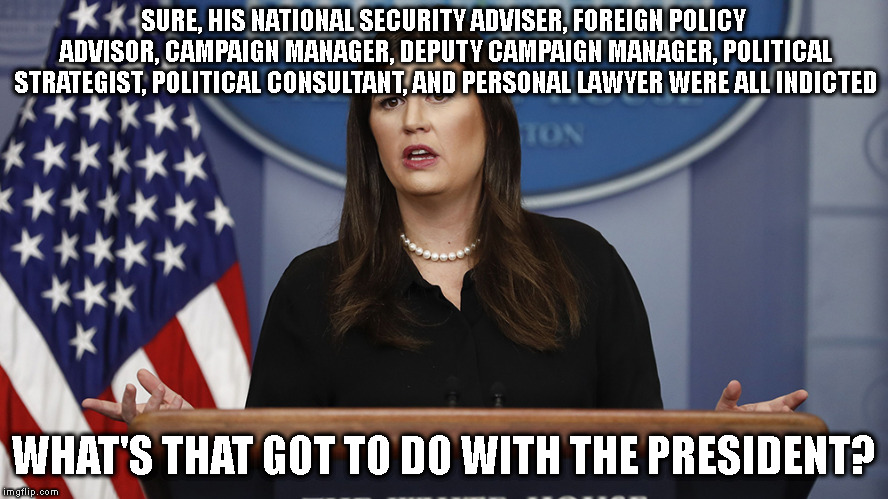 SURE, HIS NATIONAL SECURITY ADVISER, FOREIGN POLICY ADVISOR, CAMPAIGN MANAGER, DEPUTY CAMPAIGN MANAGER, POLITICAL STRATEGIST, POLITICAL CONSULTANT, AND PERSONAL LAWYER WERE ALL INDICTED; WHAT'S THAT GOT TO DO WITH THE PRESIDENT? | image tagged in sarah speaks | made w/ Imgflip meme maker