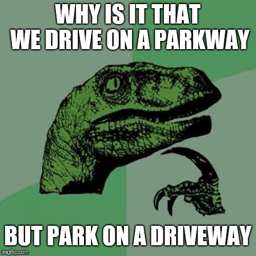 Parkway vs driveway | WHY IS IT THAT WE DRIVE ON A PARKWAY; BUT PARK ON A DRIVEWAY | image tagged in memes,philosoraptor,parkway,driveway | made w/ Imgflip meme maker
