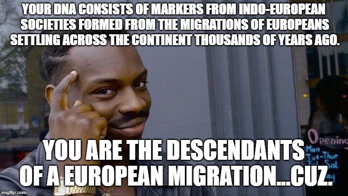 Roll Safe Think About It Meme | YOUR DNA CONSISTS OF MARKERS FROM INDO-EUROPEAN SOCIETIES FORMED FROM THE MIGRATIONS OF EUROPEANS SETTLING ACROSS THE CONTINENT THOUSANDS OF | image tagged in memes,roll safe think about it | made w/ Imgflip meme maker