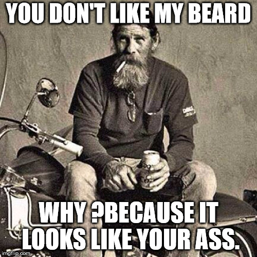 old biker | YOU DON'T LIKE MY BEARD; WHY ?BECAUSE IT LOOKS LIKE YOUR ASS. | image tagged in old biker | made w/ Imgflip meme maker