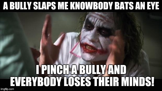 And everybody loses their minds Meme | A BULLY SLAPS ME KNOWBODY BATS AN EYE I PINCH A BULLY AND EVERYBODY LOSES THEIR MINDS! | image tagged in memes,and everybody loses their minds | made w/ Imgflip meme maker
