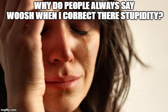 First World Problems | WHY DO PEOPLE ALWAYS SAY WOOSH WHEN I CORRECT THERE STUPIDITY? | image tagged in memes,first world problems | made w/ Imgflip meme maker