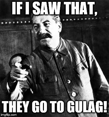 Stalin | IF I SAW THAT, THEY GO TO GULAG! | image tagged in stalin | made w/ Imgflip meme maker