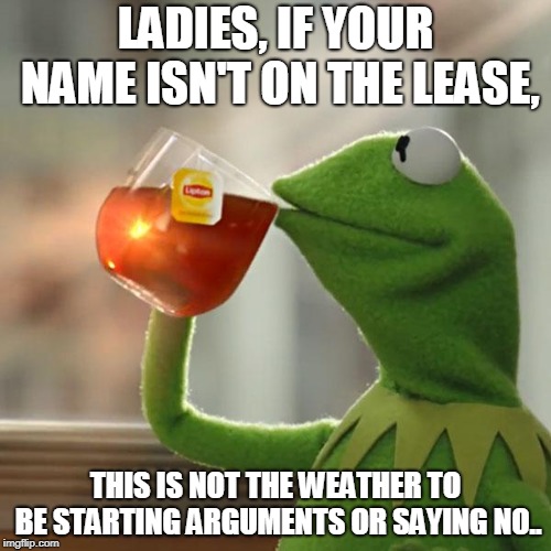 But That's None Of My Business | LADIES, IF YOUR NAME ISN'T ON THE LEASE, THIS IS NOT THE WEATHER TO BE STARTING ARGUMENTS OR SAYING NO.. | image tagged in memes,but thats none of my business,kermit the frog | made w/ Imgflip meme maker