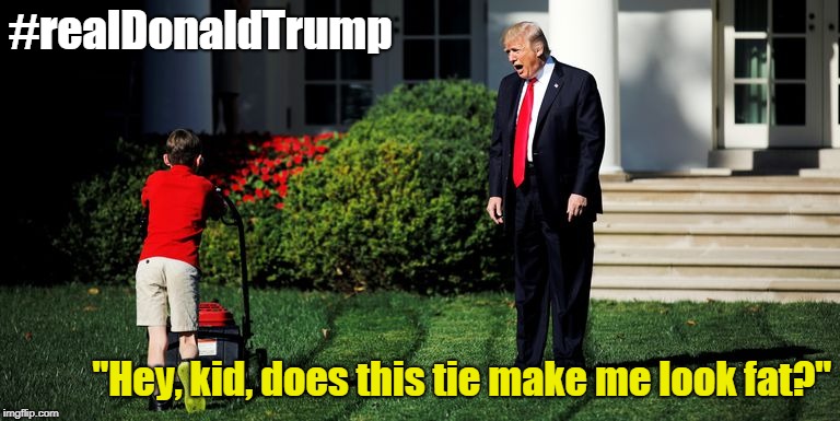 Donald Trump Yelling At Kid | #realDonaldTrump; "Hey, kid, does this tie make me look fat?" | image tagged in donald trump yelling at kid | made w/ Imgflip meme maker