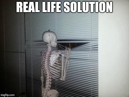 Skeleton Looking Out Window | REAL LIFE SOLUTION | image tagged in skeleton looking out window | made w/ Imgflip meme maker