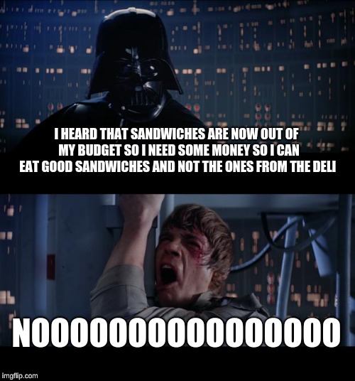 Star Wars No Meme | I HEARD THAT SANDWICHES ARE NOW OUT OF  MY BUDGET SO I NEED SOME MONEY SO I CAN EAT GOOD SANDWICHES AND NOT THE ONES FROM THE DELI; NOOOOOOOOOOOOOOOO | image tagged in memes,star wars no | made w/ Imgflip meme maker