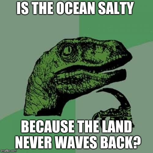 Philosoraptor Meme | IS THE OCEAN SALTY; BECAUSE THE LAND NEVER WAVES BACK? | image tagged in memes,philosoraptor | made w/ Imgflip meme maker