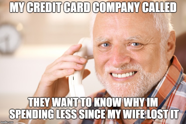 Hold The Pain Harold | MY CREDIT CARD COMPANY CALLED; THEY WANT TO KNOW WHY IM SPENDING LESS SINCE MY WIFE LOST IT | image tagged in hold the pain harold | made w/ Imgflip meme maker
