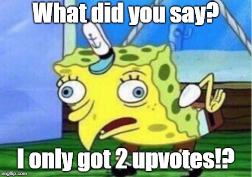 Mocking Spongebob Meme | What did you say? I only got 2 upvotes!? | image tagged in memes,mocking spongebob | made w/ Imgflip meme maker