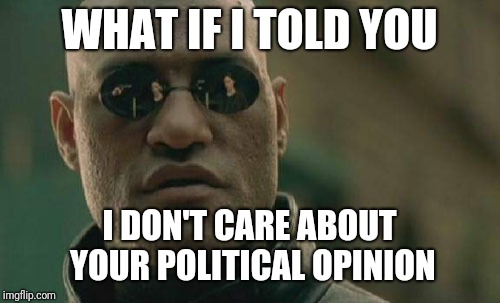 Matrix Morpheus Meme |  WHAT IF I TOLD YOU; I DON'T CARE ABOUT YOUR POLITICAL OPINION | image tagged in memes,matrix morpheus | made w/ Imgflip meme maker