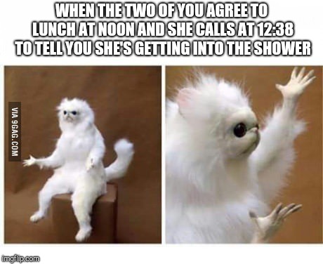 strange wtf cat | WHEN THE TWO OF YOU AGREE TO LUNCH AT NOON AND SHE CALLS AT 12:38 TO TELL YOU SHE'S GETTING INTO THE SHOWER | image tagged in strange wtf cat | made w/ Imgflip meme maker