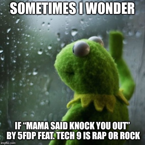 sometimes I wonder  | SOMETIMES I WONDER; IF “MAMA SAID KNOCK YOU OUT” BY 5FDP FEAT. TECH 9 IS RAP OR ROCK | image tagged in sometimes i wonder | made w/ Imgflip meme maker