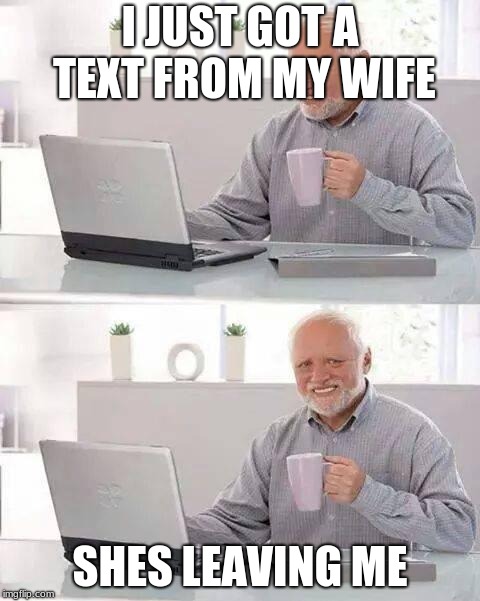 welp to bad | I JUST GOT A TEXT FROM MY WIFE; SHES LEAVING ME | image tagged in memes,hide the pain harold | made w/ Imgflip meme maker